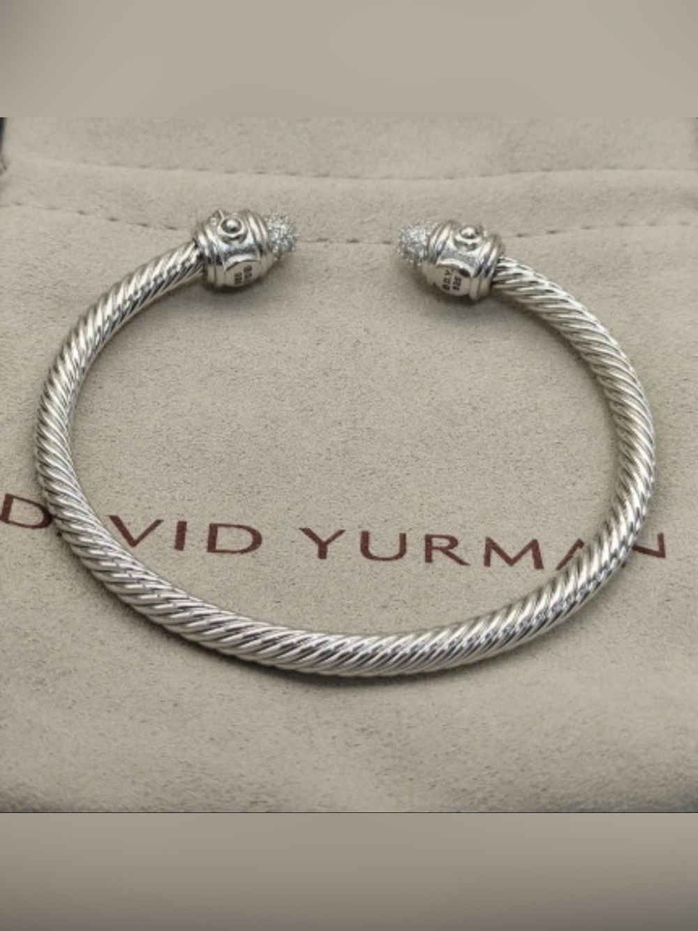 David Yurman Silver Cable 4mm Bracelet with Pavé End Caps